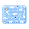 A blue pet cooling mat featuring various white and black animal illustrations like polar bears and penguins.