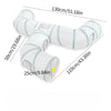 A white foldable cat play tunnel for indoor exercise, shown with various length options.