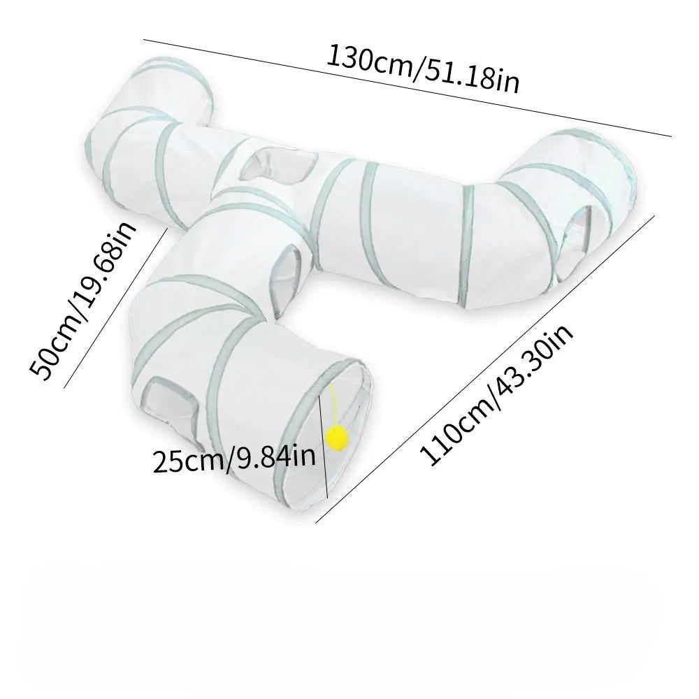 A white foldable cat play tunnel for indoor exercise, shown with various length options.