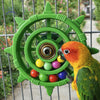 A vibrant green interactive parrot spinner rattle toy with colorful balls inside, viewed through a wire cage.