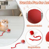 A red silicone rolling cat toy with a string, shown next to its components and usage details.
