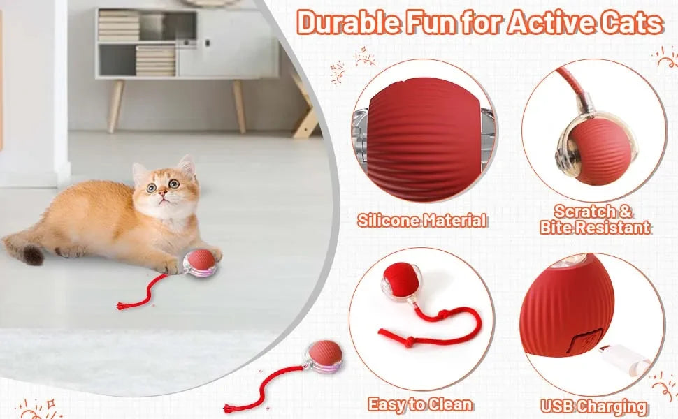 A red silicone rolling cat toy with a string, shown next to its components and usage details.