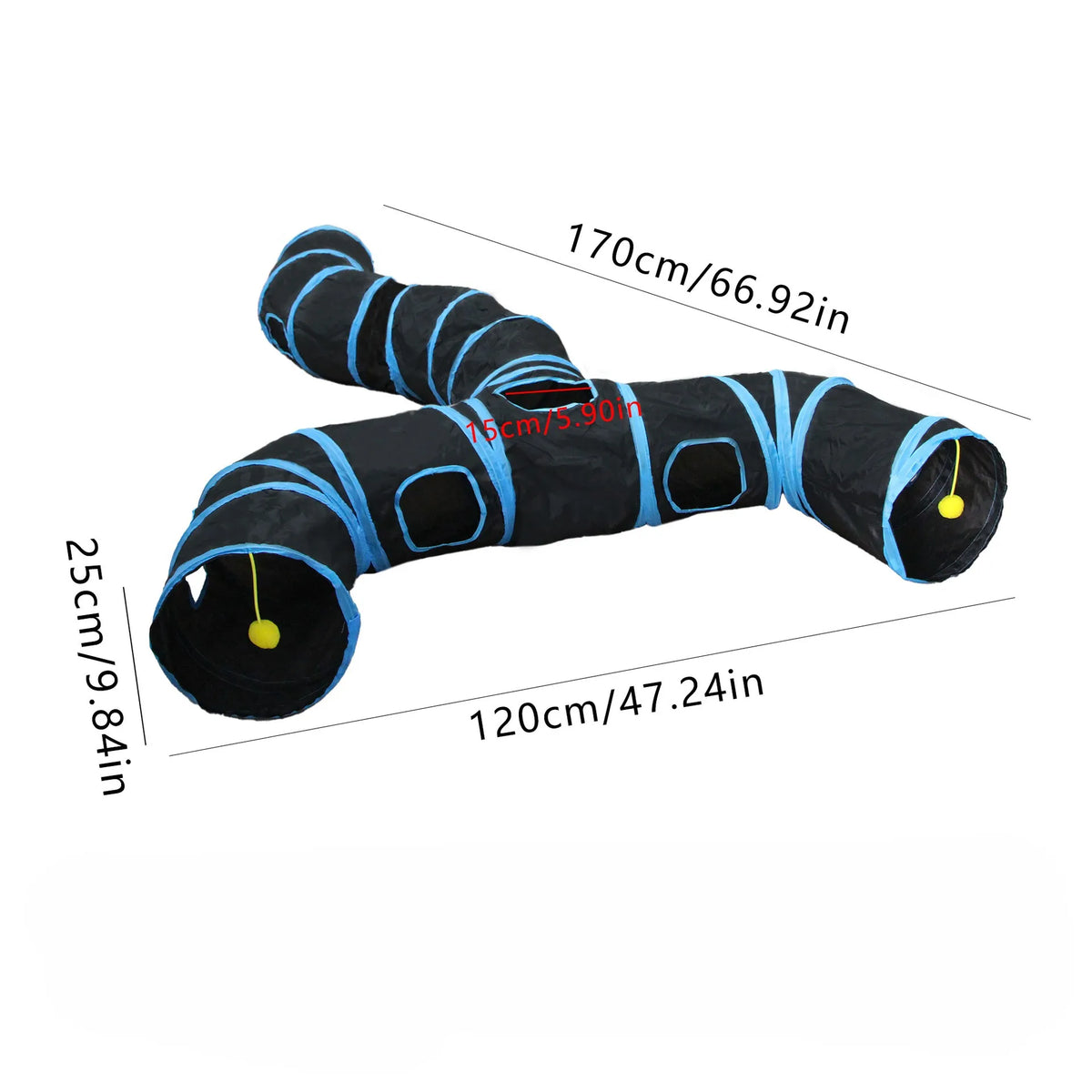 A black foldable cat play tunnel for indoor exercise shown lying flat with dimensions 170cm long and 25cm high.