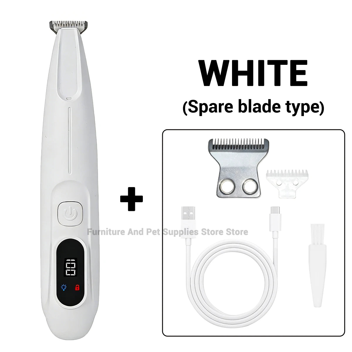 Recortadora de pelo para mascotas tipo hoja de repuesto blanca con luz LED y UV