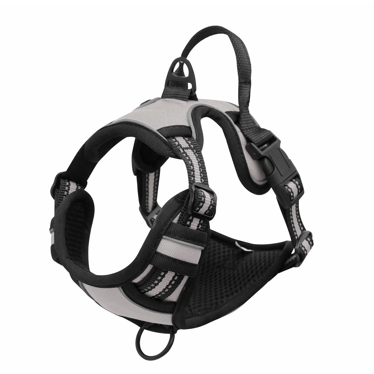 A black and gray padded dog traction chest harness for training or control.