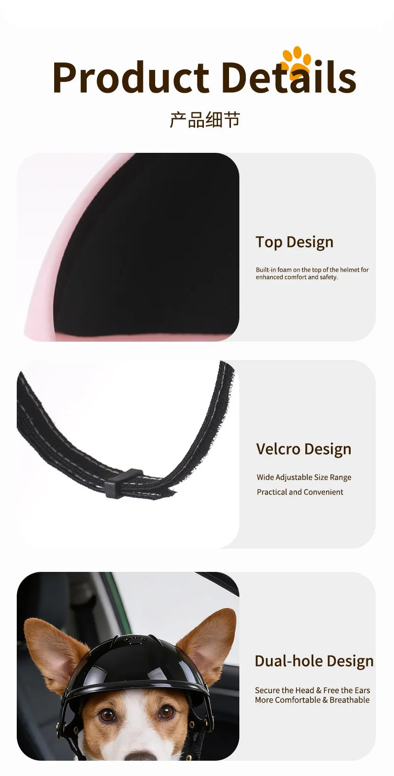 Primer plano de un casco de seguridad para perros negro, mostrando su diseño superior, correa de velcro y características de 