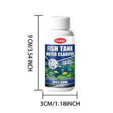 A bottle of IFubo Fish Tank Water Clarifier with a white cap and a label showing dimensions.