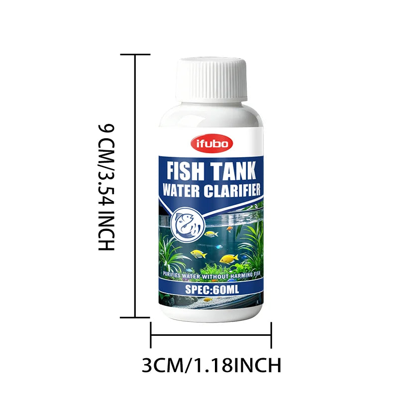 Bouteille de clarifiant d'eau pour aquarium IFubo avec un cap blanc et une étiquette indiquant les dimensions.