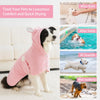 A pink hooded pet bathrobe towel is shown on a dog, with images demonstrating its use after bath, swim, and wet walking.