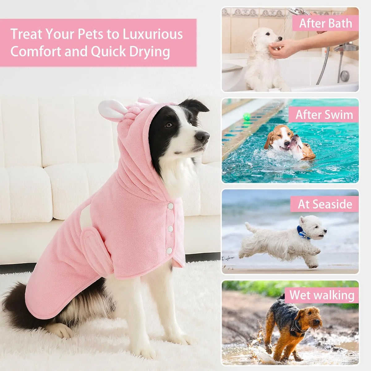 A pink hooded pet bathrobe towel is shown on a dog, with images demonstrating its use after bath, swim, and wet walking.