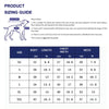 A sizing guide chart for funny Halloween costume pajamas for dogs showing measurements in centimeters and inches for various 