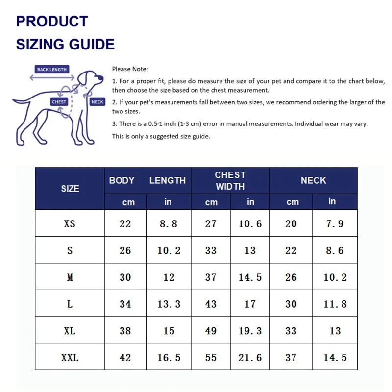 A sizing guide chart for funny Halloween costume pajamas for dogs showing measurements in centimeters and inches for various 