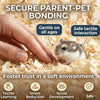A hand gently interacts with a small rodent in natural wood chip bedding, demonstrating secure parent-pet bonding and safe ta