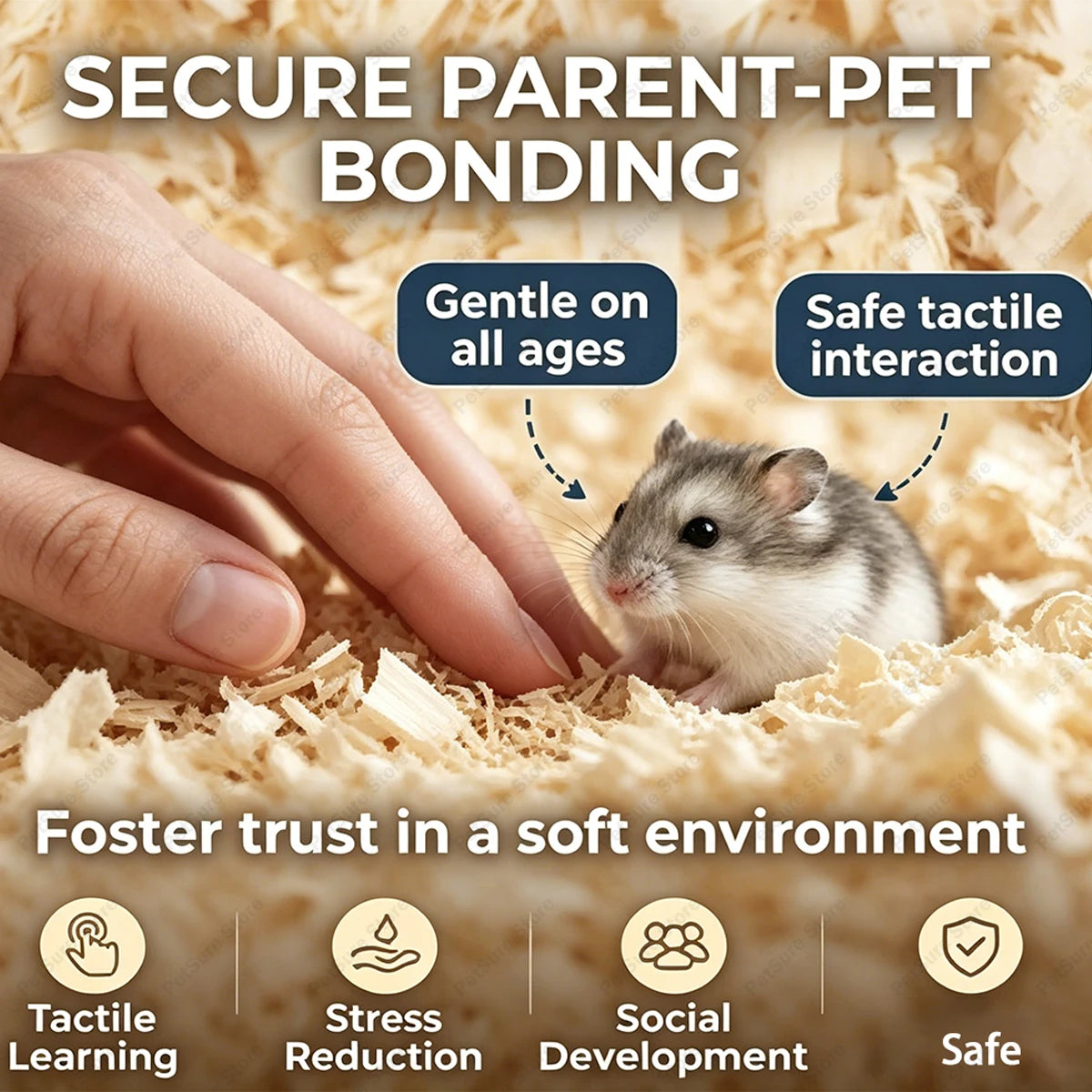 A hand gently interacts with a small rodent in natural wood chip bedding, demonstrating secure parent-pet bonding and safe ta