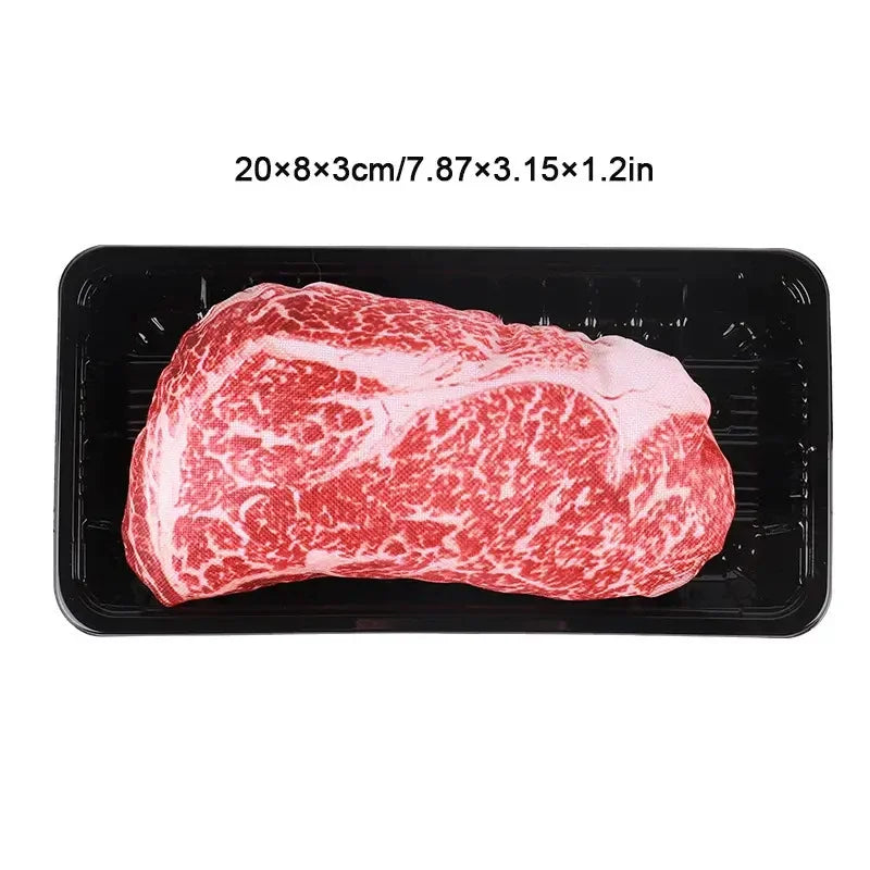 A raw cut of red meat placed on a black tray with dimensions listed above.