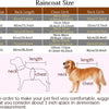 Gráfico con medidas para varios tamaños de impermeable para mascotas, incluyendo longitud de espalda, contorno del pecho y cu