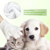 A white glove is shown next to a puppy and a kitten, illustrating textured fabric for dirt removal and massage.