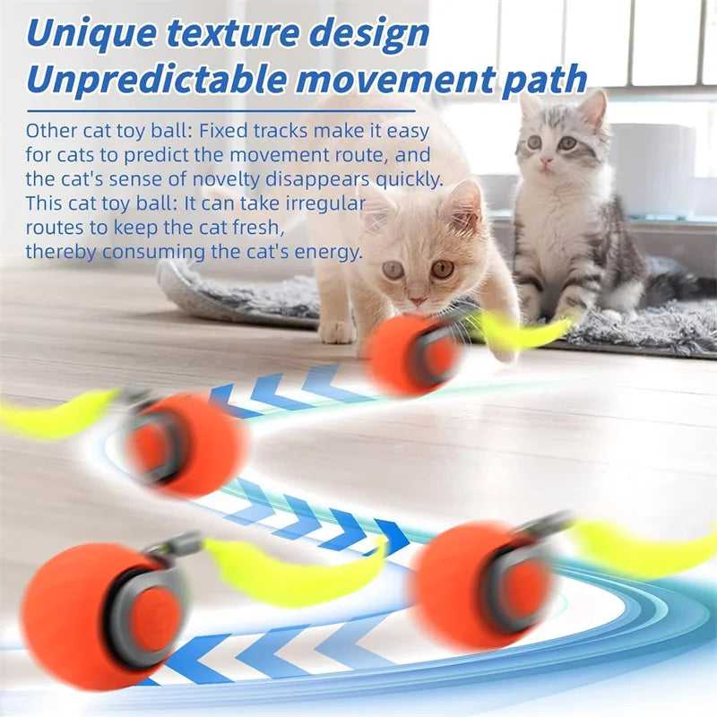 An orange electric cat ball toy is shown rolling across a floor, demonstrating an unpredictable movement path.
