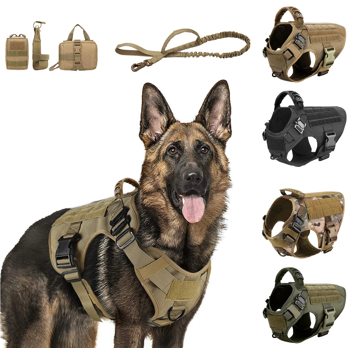 A German Shepherd wearing a heavy duty tactical dog harness with a molli pouch system and padded vest.
