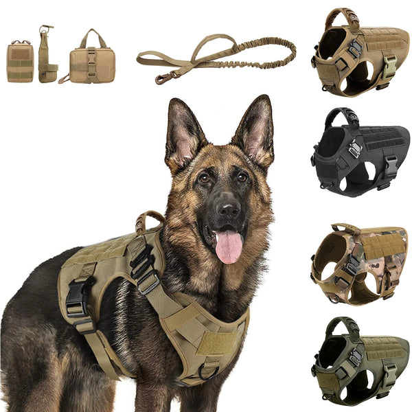 A German Shepherd wearing a heavy duty tactical dog harness with a molli pouch system and padded vest.