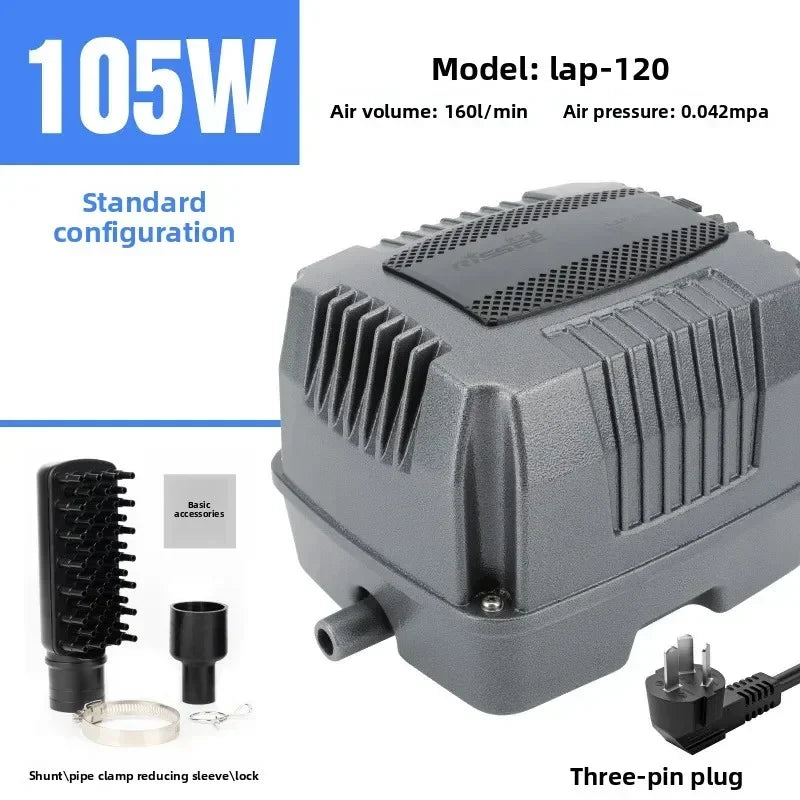 A gray 105W lap-120 air pump with a three-pin plug and accessories shown on a white background.