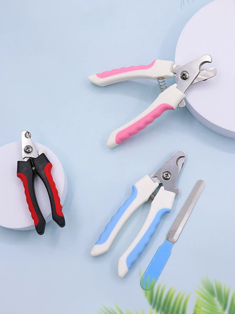 A collection of stainless steel pet nail clippers in pink, black, and blue for dog and cat grooming.