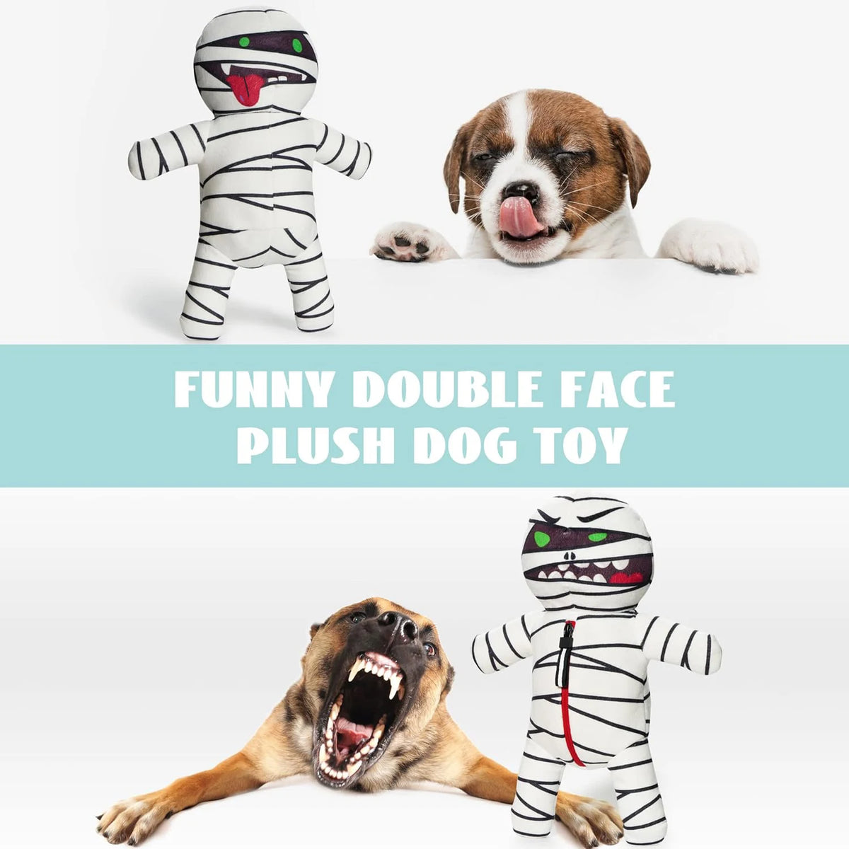 Funny double face plush dog toy featuring a mummy and zombie dog chew toys.