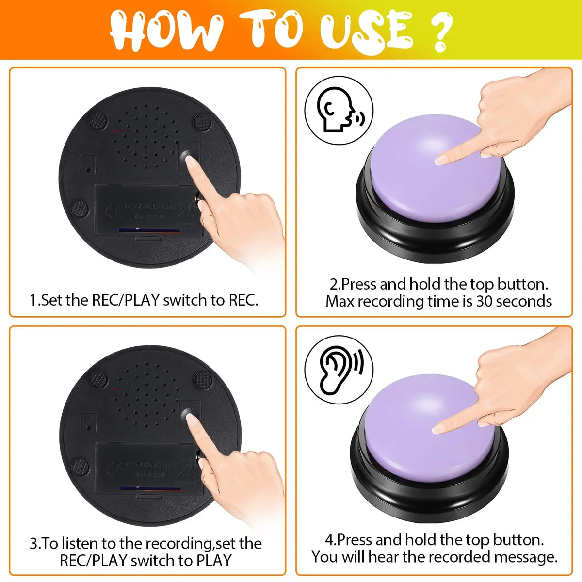 Instructions showing how to use a recordable talking button for dog training, including setting the switch and pressing the b