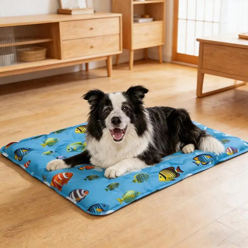 A black and white dog is lying on a blue pet mat decorated with colorful fish.