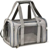 A gray breathable pet carrier backpack with padded straps and a mesh window for small dogs or cats.