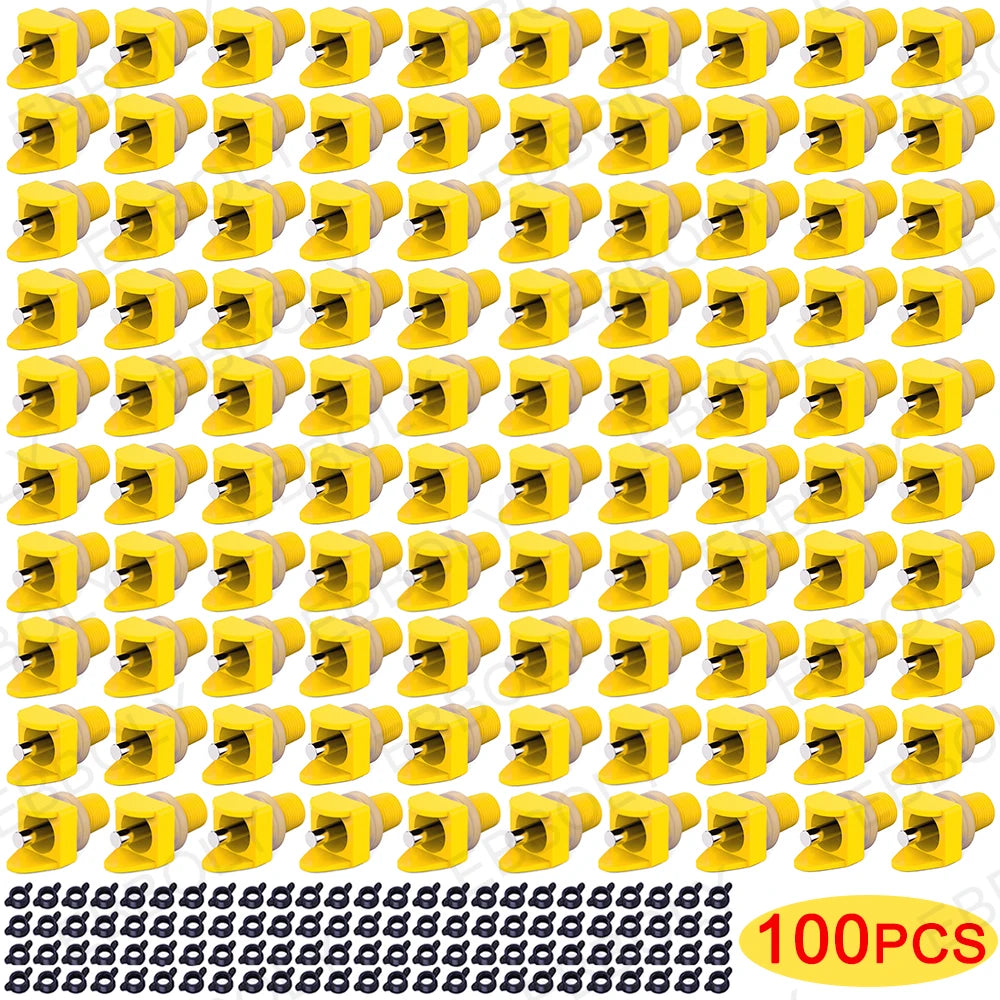 Un ensemble de tétines pour abreuvoirs à poulets automatiques jaunes, vue de dessus.