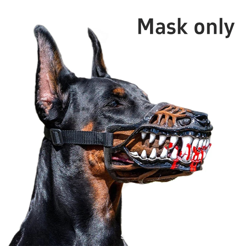 A black German Shepherd dog wearing a realistic, bloody-looking muzzle costume.