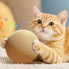 A fluffy orange tabby kitten is playing with a woven sisal scratching ball on a light surface.