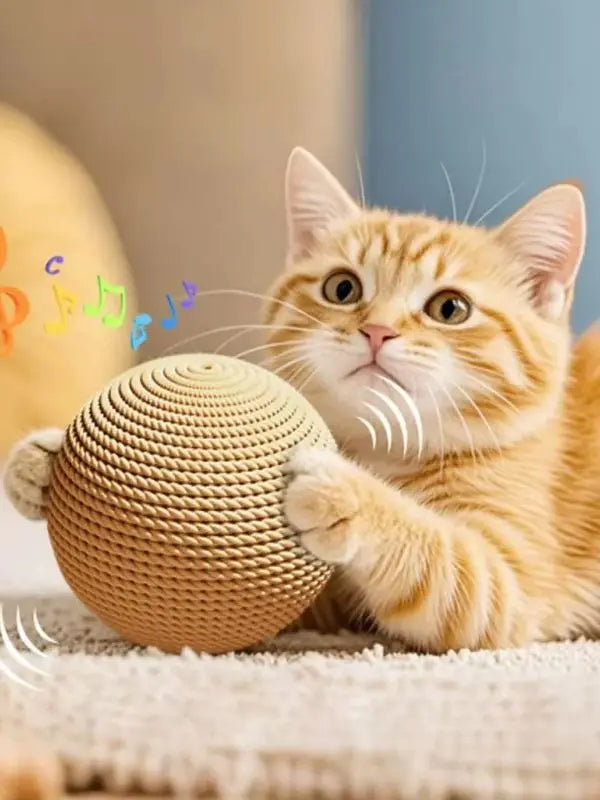 A fluffy orange tabby kitten is playing with a woven sisal scratching ball on a light surface.