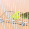 Two small yellow and green birds are perched on a stainless steel wire mesh bird perch platform.