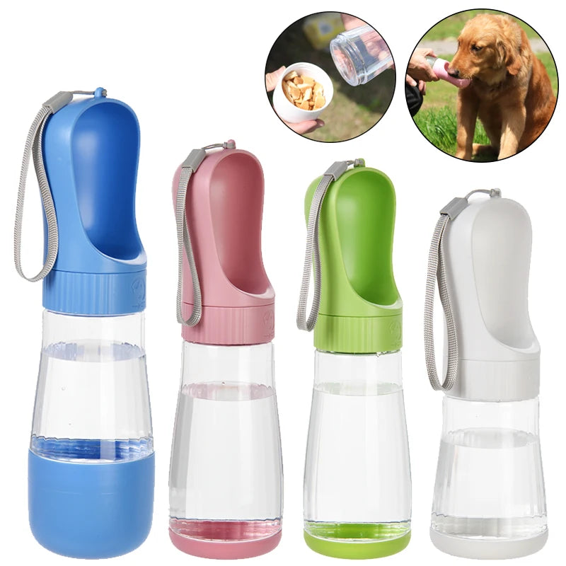 A set of 2-in-1 portable pet water and food dispensers in blue, pink, green, and white.