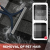 A silicone pet hair and lint remover tool is shown with a black plaid fabric, demonstrating its removal capability.