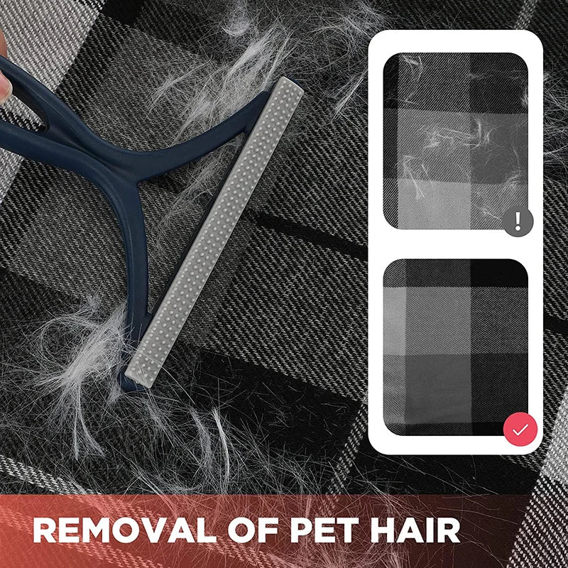 A silicone pet hair and lint remover tool is shown with a black plaid fabric, demonstrating its removal capability.