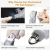 Close-up view of an illuminated pet nail clipper and grinder being used on a cat's paw.