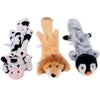 Three plush dog toys: a black and white spotted toy, an orange paw toy, and a gray and black penguin toy.