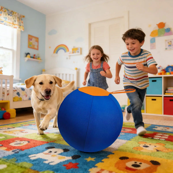 A golden retriever is playing with a large blue interactive herding ball on a colorful rug in a brightly lit room.