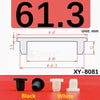 Black and white silicone rubber hole plugs shown next to a dimensioned rectangular plug.