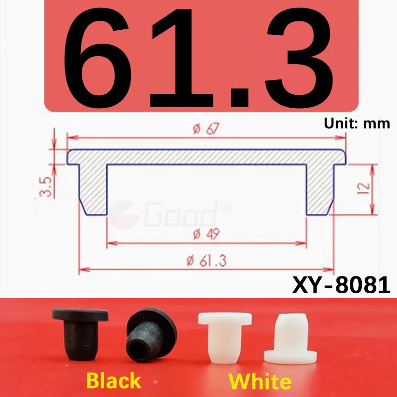 Black and white silicone rubber hole plugs shown next to a dimensioned rectangular plug.