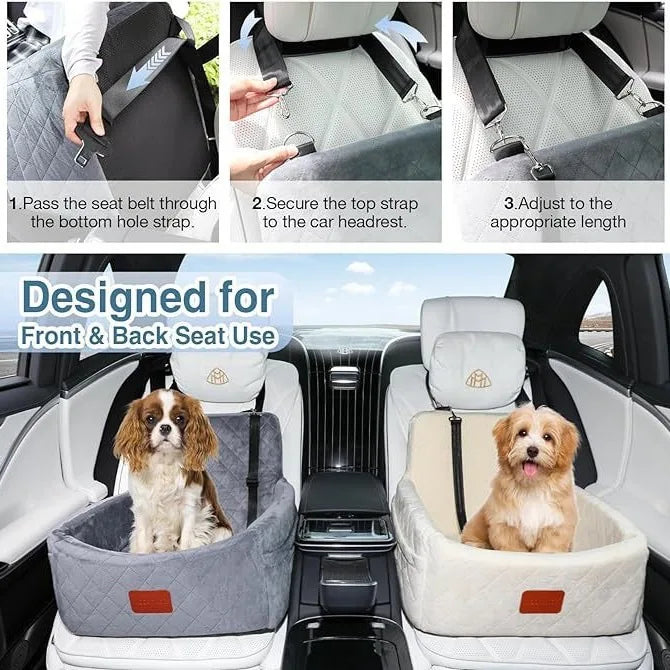 A beige dog car seat is shown with various installation steps and a finished product in the car interior.