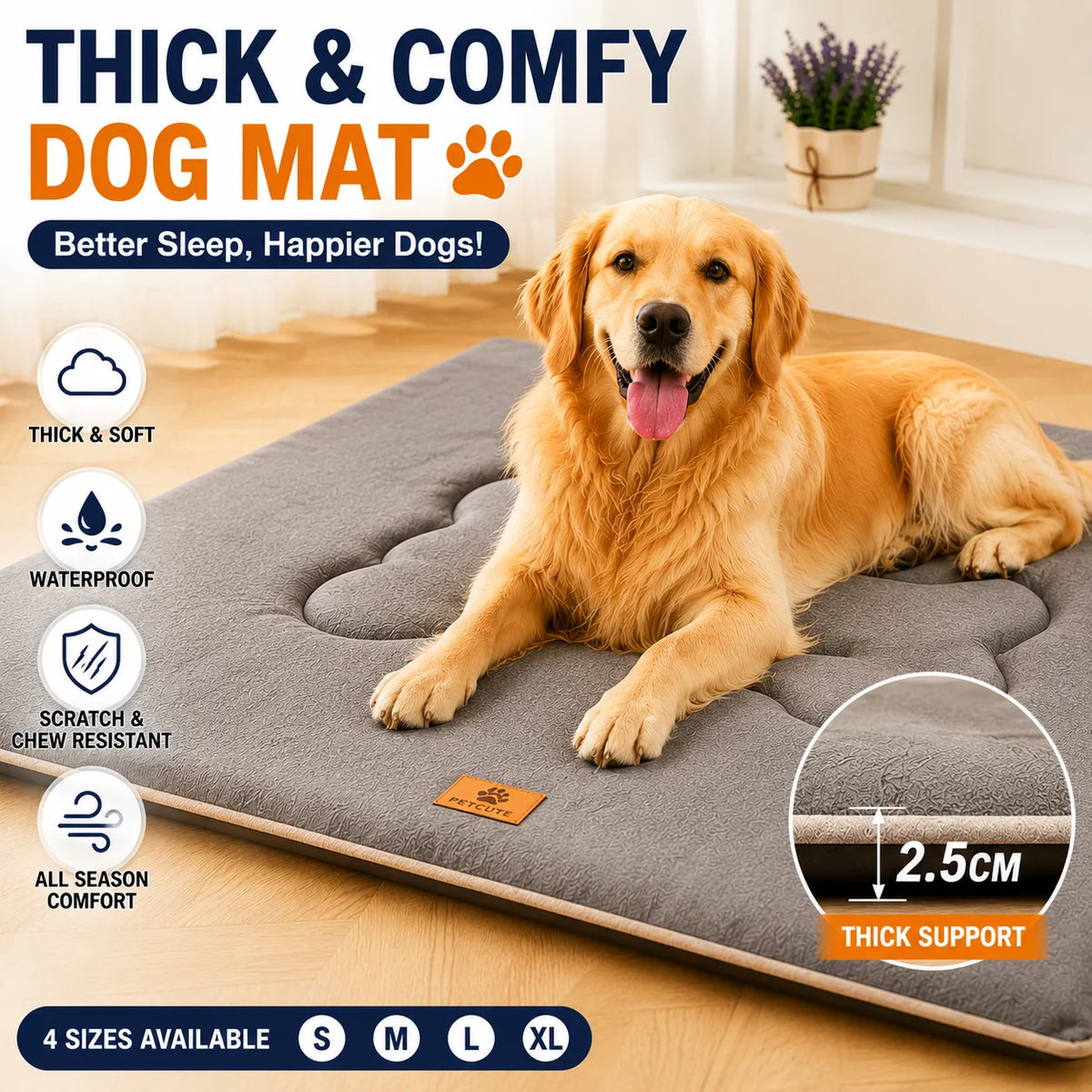 A golden retriever lies on a gray dog mat, demonstrating thick support and comfort.