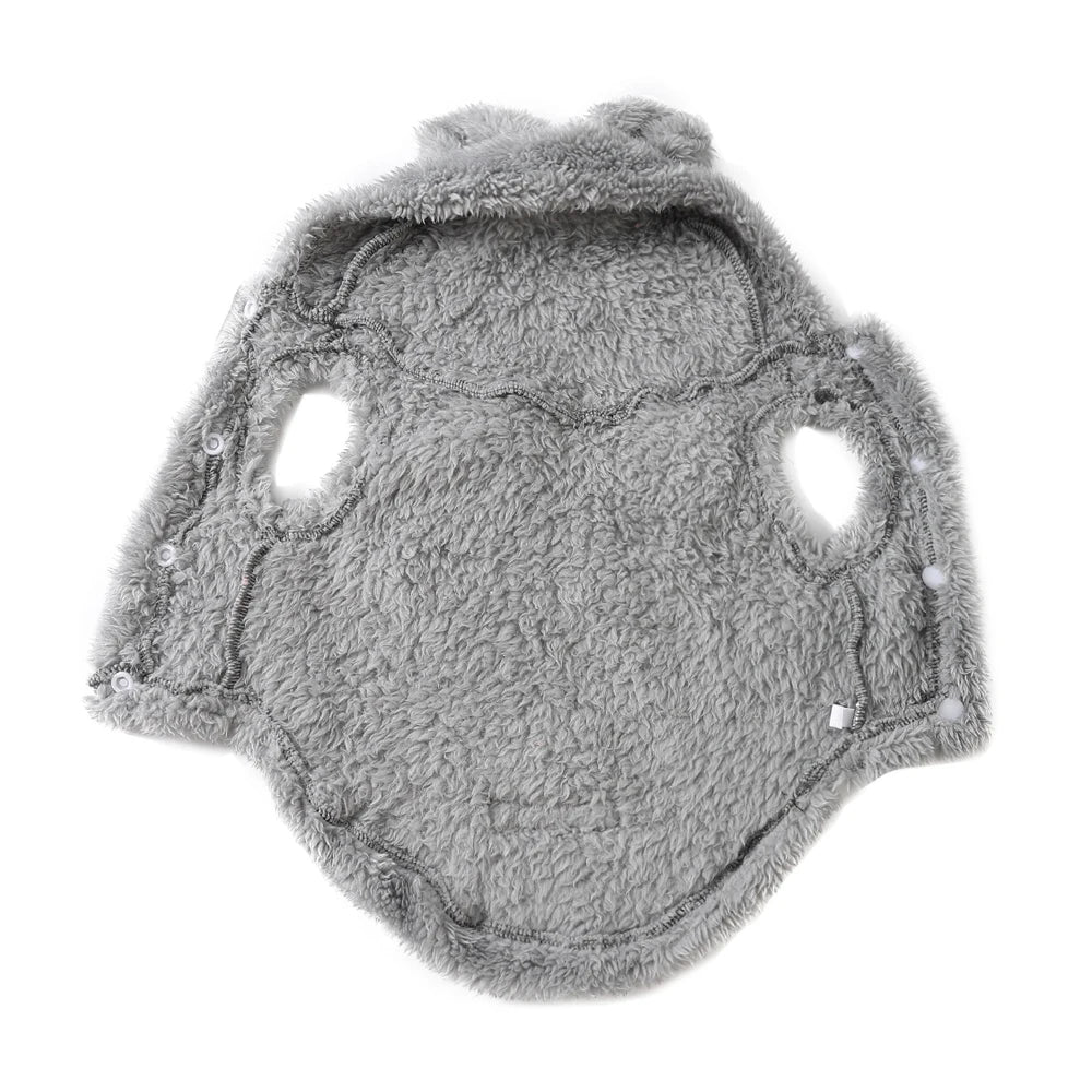 A gray cozy fleece hoodie for small and medium dogs.