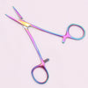 A pair of professional stainless steel pet forceps with slender, pointed tips and circular jaws.