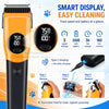 An orange cordless pet grooming clipper with a digital display and black body, showing instructions for cleaning and maintena