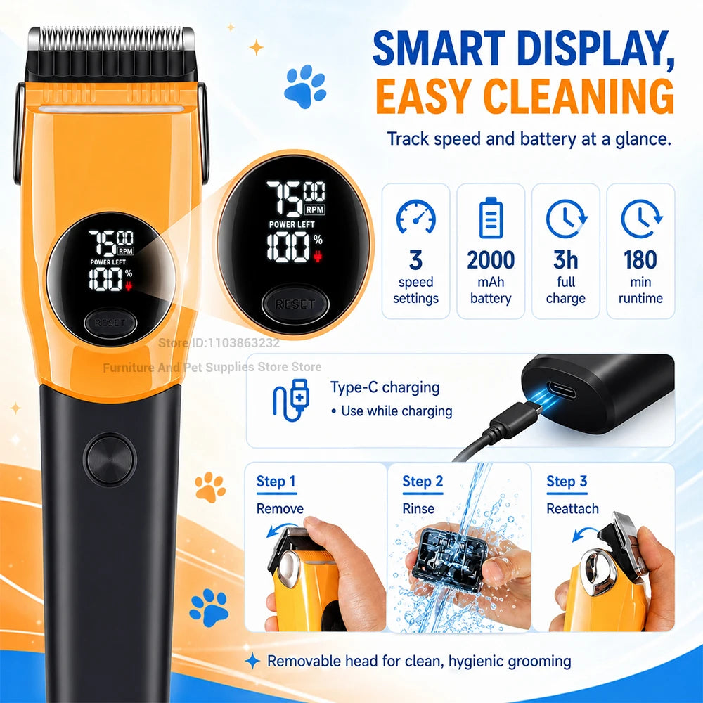 An orange cordless pet grooming clipper with a digital display and black body, showing instructions for cleaning and maintena