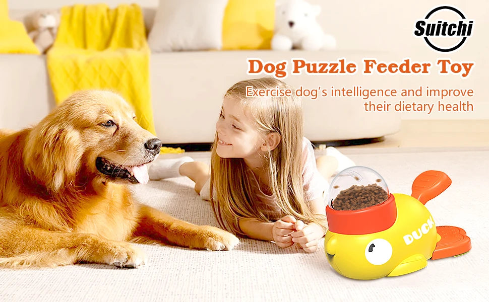 A young girl is interacting with a yellow dog puzzle feeder toy for dogs on a light-colored rug.